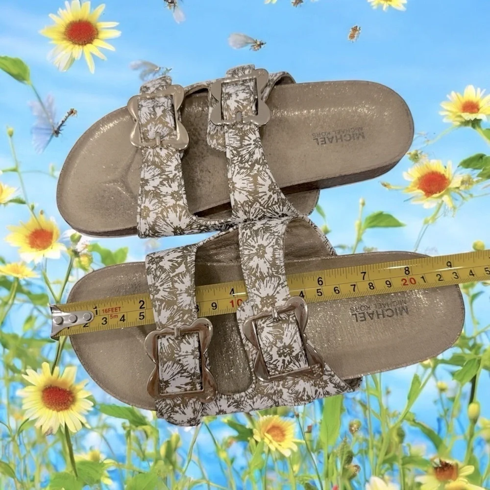 Michael Kors Sandals Youth 3 Double Buckle Strap Slide White Gold Flats Slip On